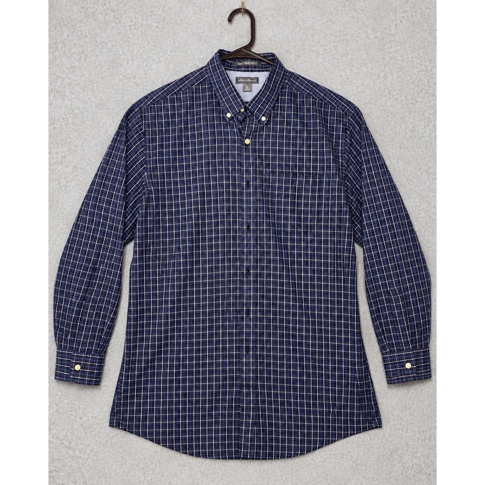 Eddie Bauer Shirt Mens Tall Large TL Blue Plaid Wrinkle Free Relaxed Fit Cotton